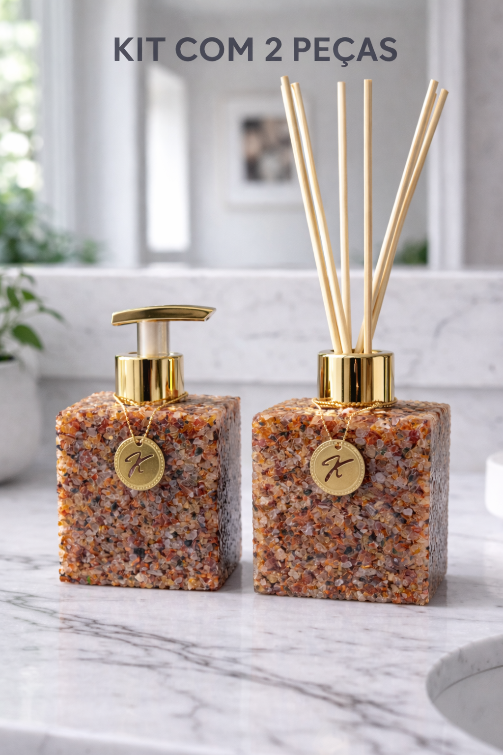 Kit Vidro Aromatizador E Saboneteira Quadrado Quartzo Cor Ágata Vermelha