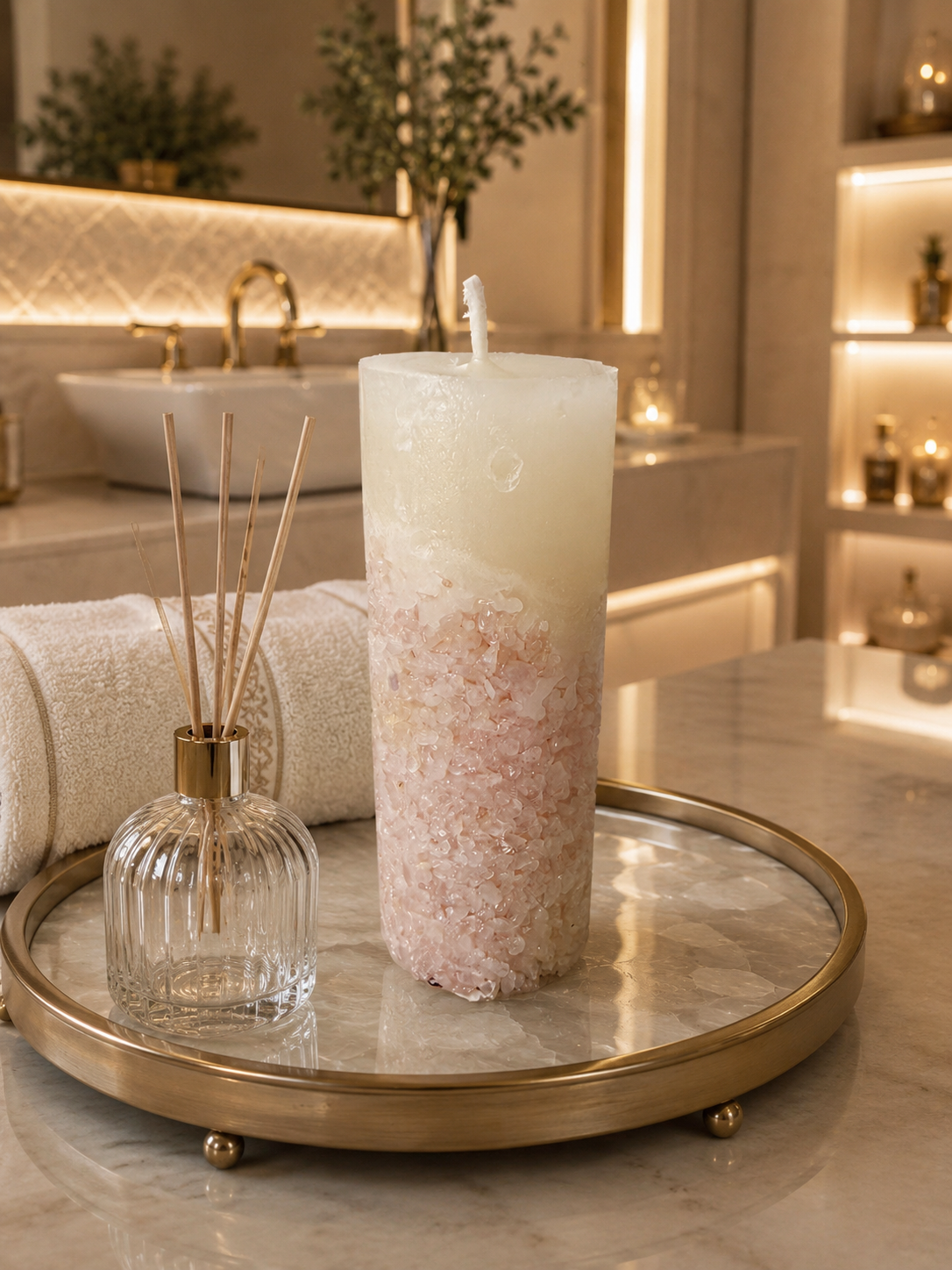 Vela Aromática Perfumada Poder Das Pedras em Quartzo Rosa