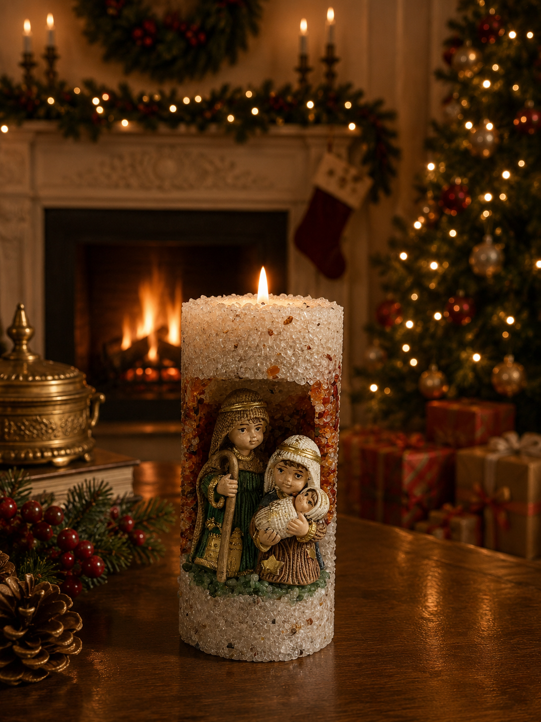 Vela Aromática Natal Presépio Grande Branco Com Vinho Presépio G Floral
