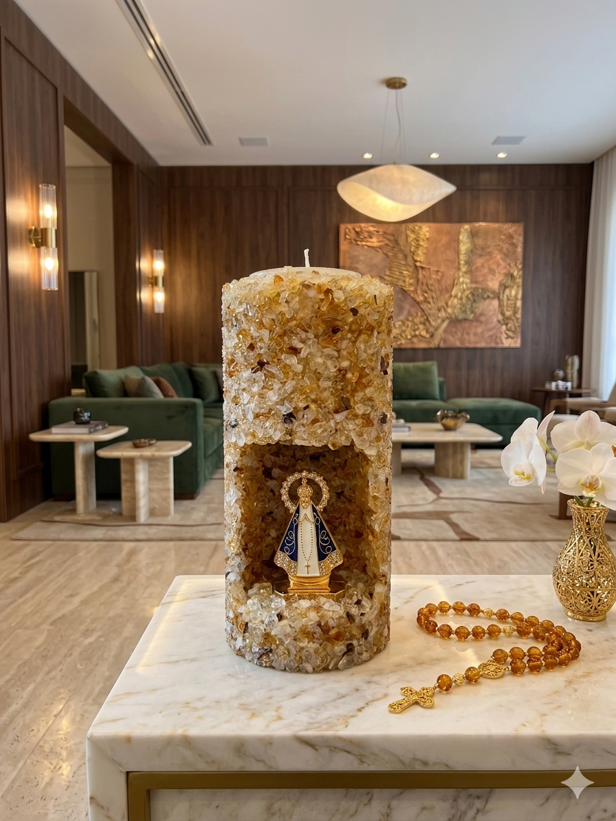 Vela Religiosa Aromática Nossa Senhora Pedra Quartzo Citrino - 15 cm