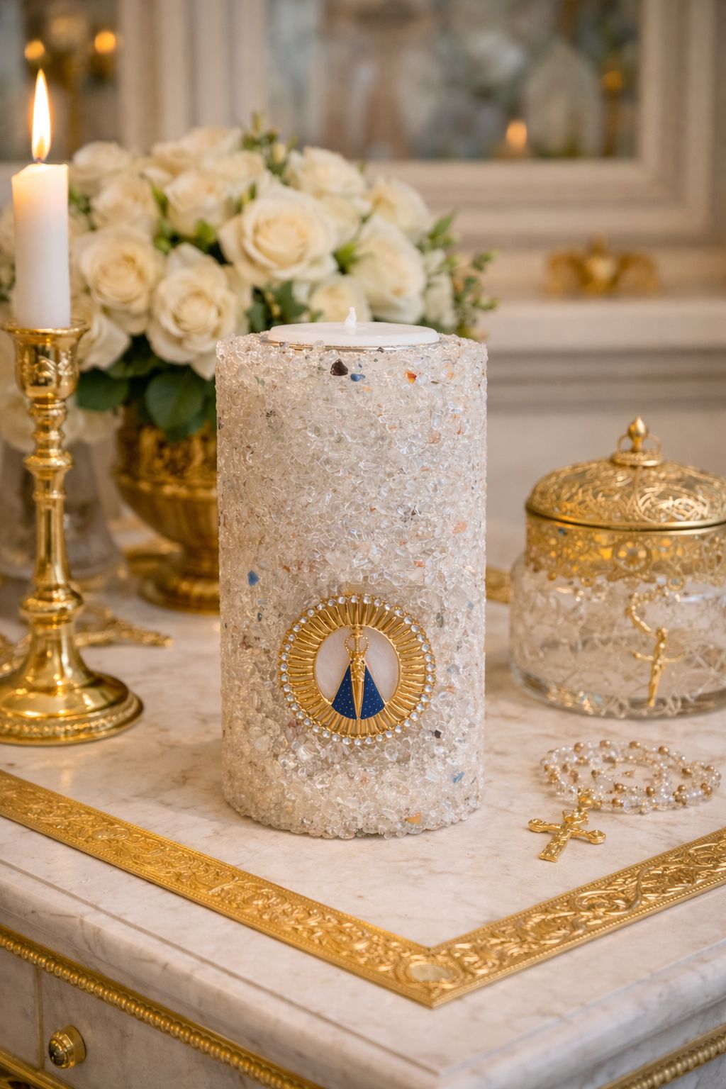 Vela Aromática Religiosa Nossa Senhora Aparecida Artesanal Floral em Quartzo Cristal - 15cm
