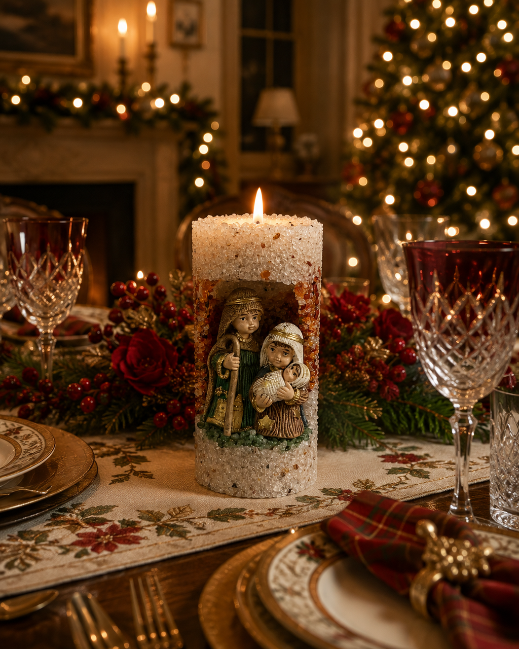 Vela Aromática Natal Presépio Grande Branco Com Vinho Presépio G Floral