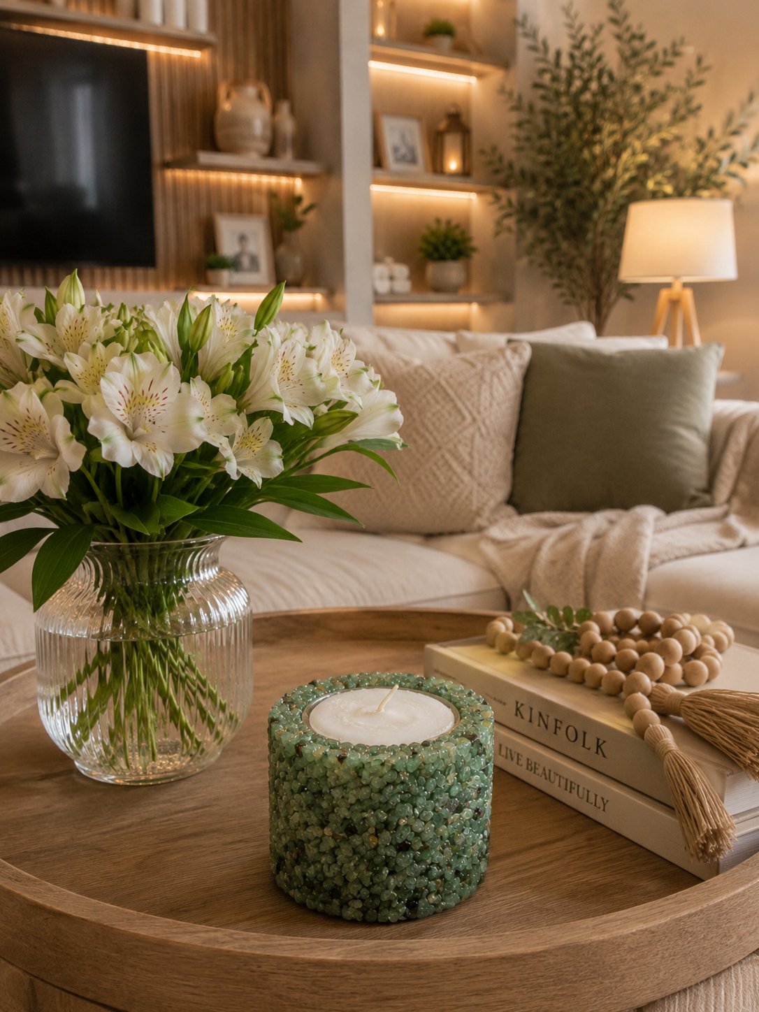 Vela Aromática Pedras Naturais Presente Decorativa Floral - Verde