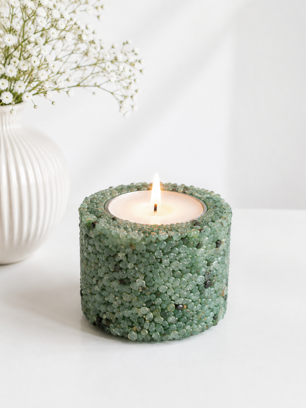 Vela Aromática Pedras Naturais Presente Decorativa Floral - Verde